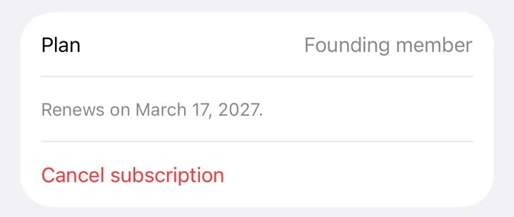 The Subscription section of Settings on iPhone: the plan, when it renews, and a Cancel subscription button.
