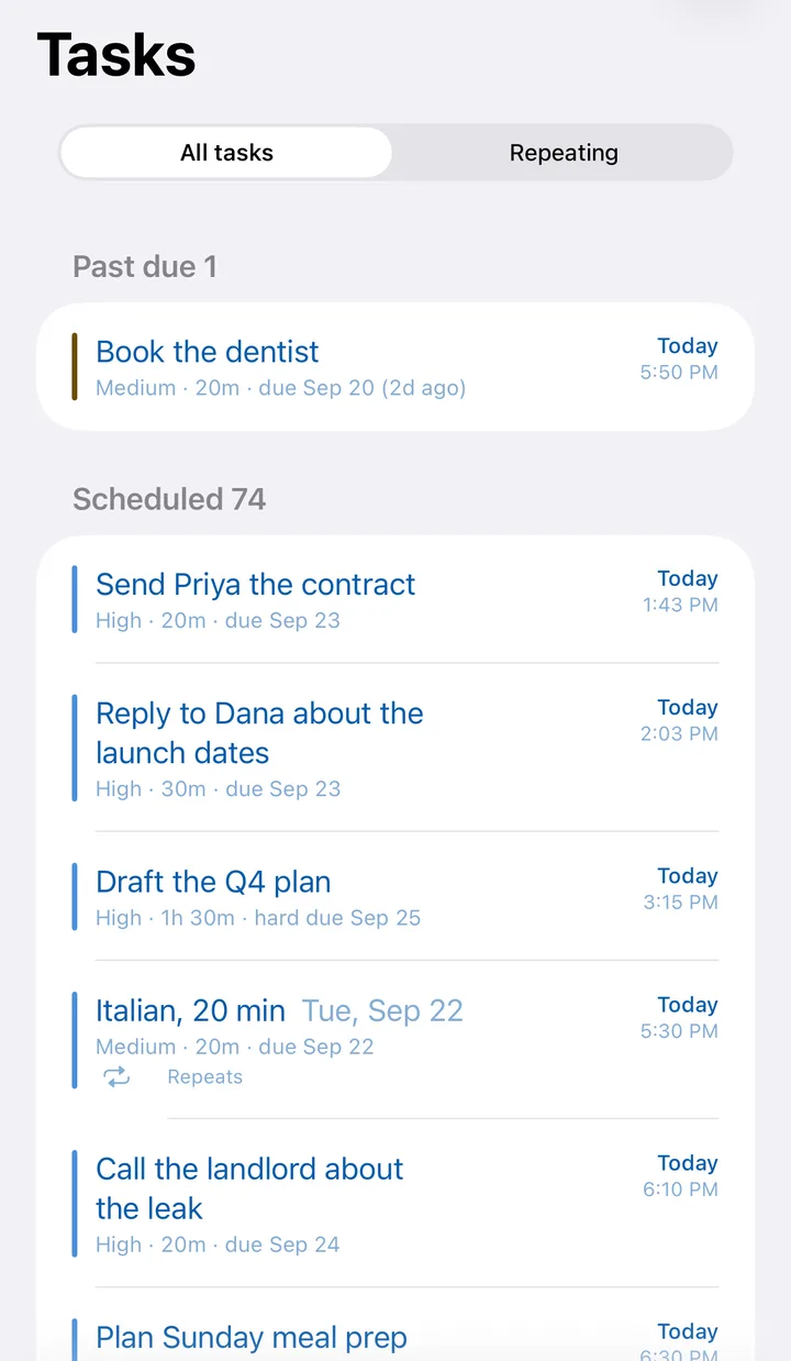 Tasks on iPhone: a task past its deadline under Past due, marked in amber, then today’s scheduled tasks.