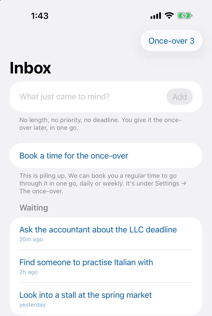The Inbox on iPhone, asking what just came to mind, with three thoughts waiting.
